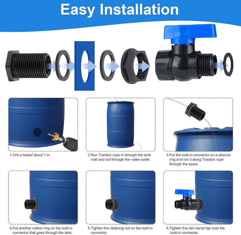 VYH PVC Rain Barrel Spigot Kit 3/4" GHT Garden Diverter Kit With Bulkhead Fitting Garden Hose Faucet Thread Ball Valve for Water Adapter Tanks, Aquariums Rain Barrel Diverter Kit （2 Pack） - Image 3